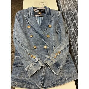 Denim Double-Breasted Blazer with Gold Buttons